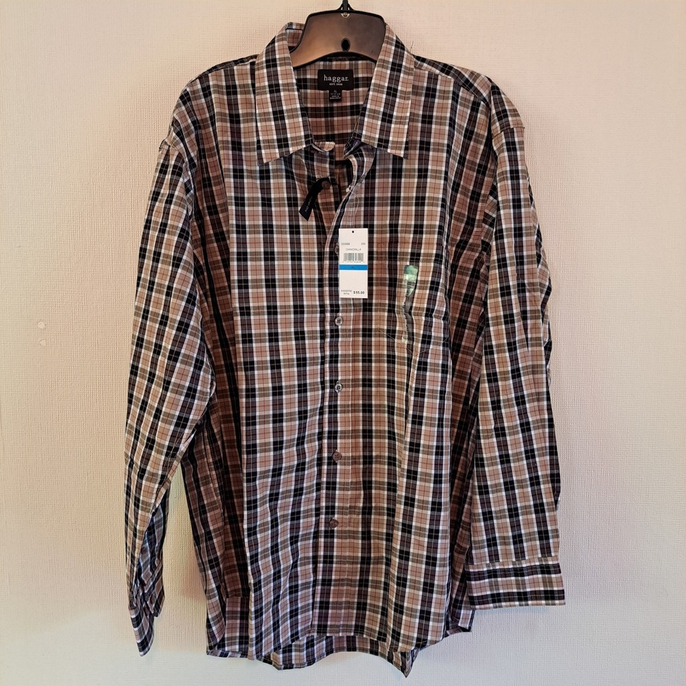 Haggar Mens No Iron Plaid Long Sleeve Button Down Shirt Chinchilla Tan XL New